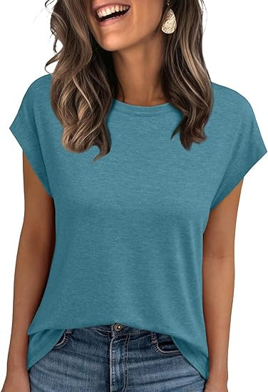 Amazon 2025 ヨーロッパとアメリカの女性のベスト夏クロスボーダーラウンドネック半袖 Tシャツ無地ラウンドネックカバースリーブ外国貿易女性|undefined