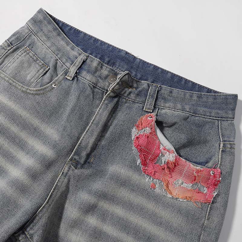 Herenkleding Retro Kant Patchwork Gescheurd Ontwerp Rechte Jeans Herenmode Merk Losse Versleten Wijde Broek_voghion.com