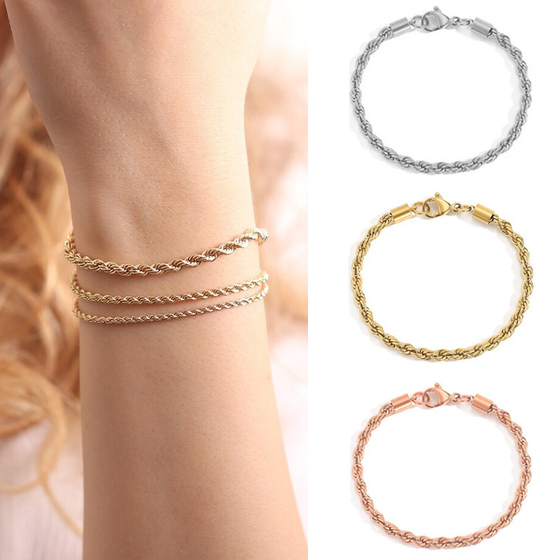 European and American Cross-Border Twist Chain Bracelet Stainless Steel Electroplated 14K Gold Women's Bracelet Titanium Steel Gold-Plated Non-Fading Bracelet