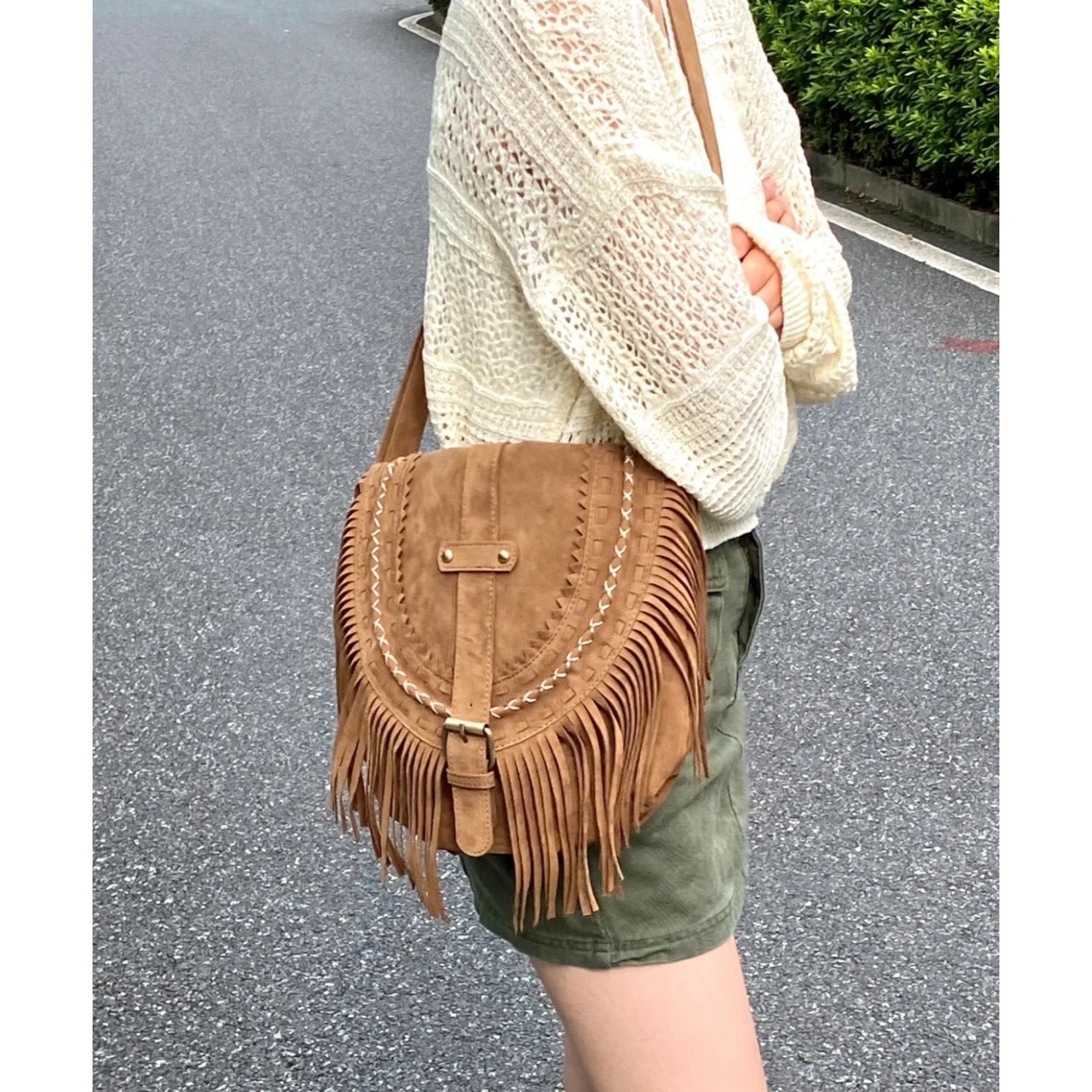 New Handmade Suede Tassel Women's Saddle Fashion Trend One Shoulder Small Crossbody Bag_voghion.com