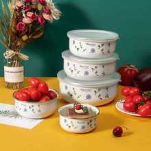 批发搪瓷新款植物花卉带饭碗 加厚密封碗盒套装五件套 保鲜碗汤碗