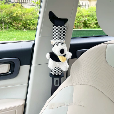 Plush Scribbled Dog Car Seat Seat belt shoulder pad - black-plaid-shoulder-cover-black-puppy