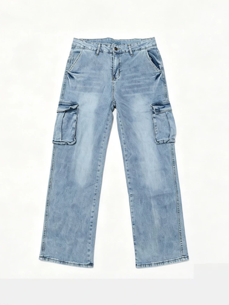 Jeans Cargo Rectos para Hombre de Mezclilla de Algodón, Múltiples Bolsillos, para Uso Casual