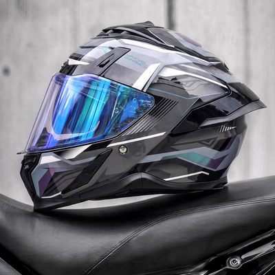 Motosiklet kaskı (dəbilqə) — riding, full-face motorcycle helmet - gray-star-electronic-blue-coating-free-clear-lens-m55-56cm