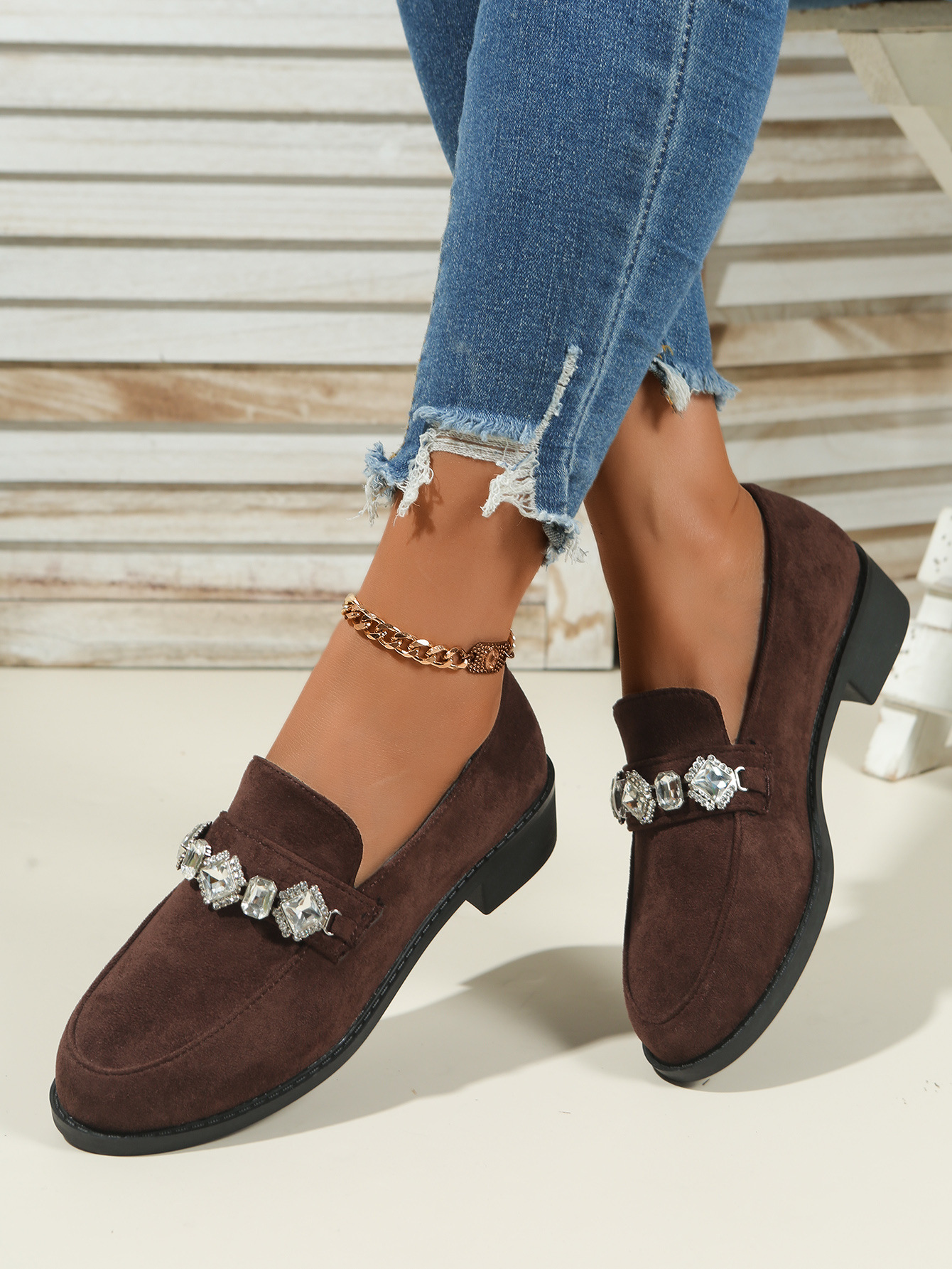 Damen Loafer Aus Wildleder Mit Strass Und Blockabsatz Britisch_voghion.com