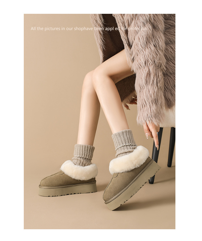 Novos sapatos de algodão quente com sola grossa e lã e botas de cano curto de couro e lã grossa_voghion.com