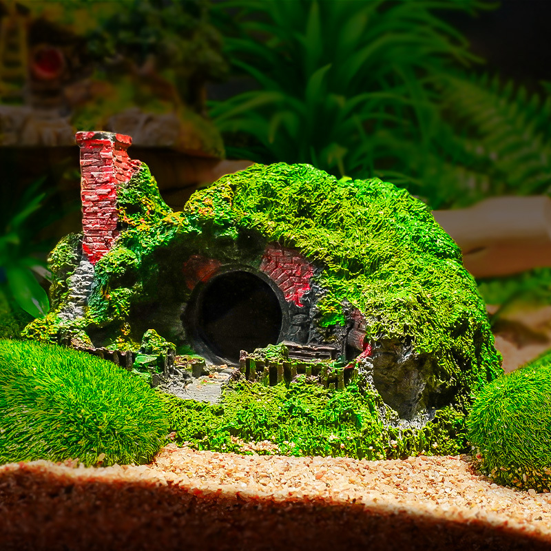 Decoración de paisajismo para acuarios, muy vendida en el extranjero, casa de paja de resina, simulación de cabaña de paja, artesanías y adornos acuáticos
