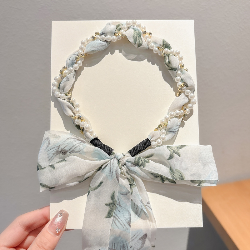 Verano flores trenzadas correa de cabello para mujeres atadas bufandas flotantes correa de cabello todo en un sistema de cinta correa de perlas correa de cabello