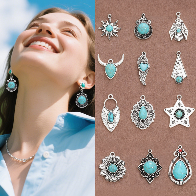 European and American Popular Turquoise Pendants, Bohemian Ethnic Style Earrings Accessories, Turquoise Alloy Jewelry Accessories European and American Popular Turquoise Pendants, Bohemian Ethnic Style Earrings Accessories, Turquoise Alloy Jewelry Accessories