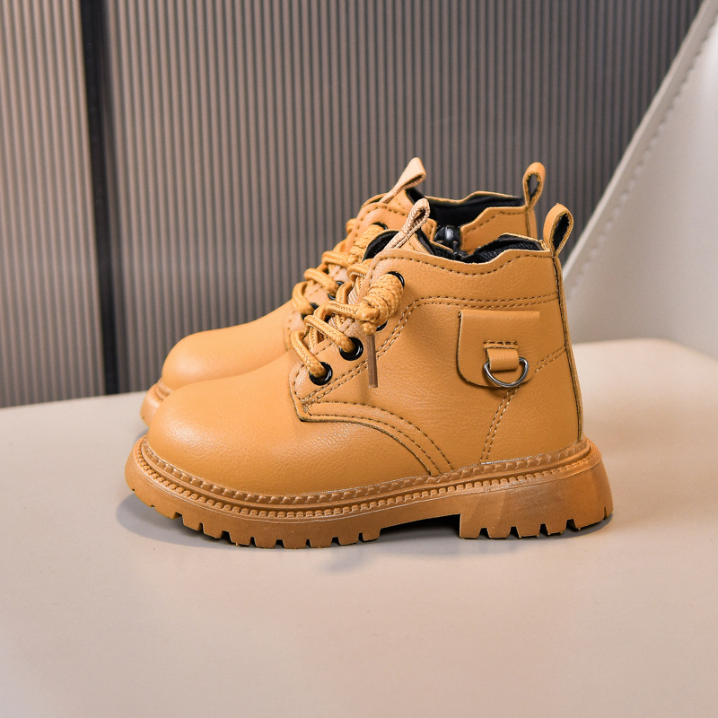 Children's Soft Soled Martin Boots Autumn Winter Trendy Yellow Side Zipper Leather Boys Girls Toddlers_voghion.com