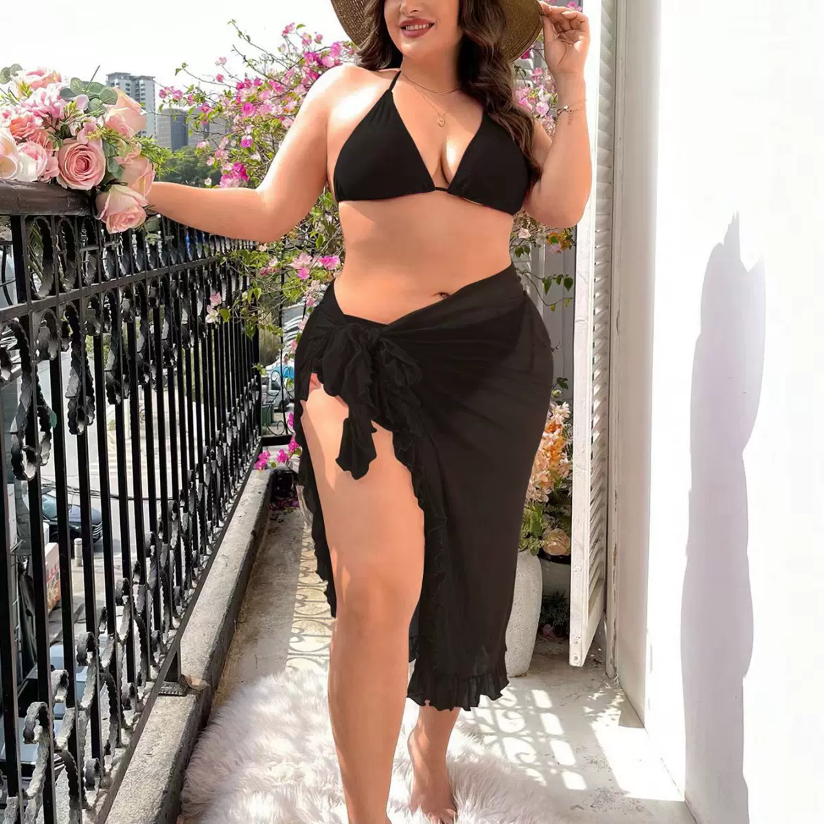 跨境2026外贸大码胖跨境防晒沙滩裙欧美荷叶边雪纺半身裙性感泳衣