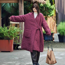 202冬季亚麻混纺国风大码女装棉服中式慵懒风女士绗棉加厚长棉衣