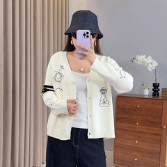 爱元2025年秋季新款大码女装上衣趣味图案V领针织开衫F527