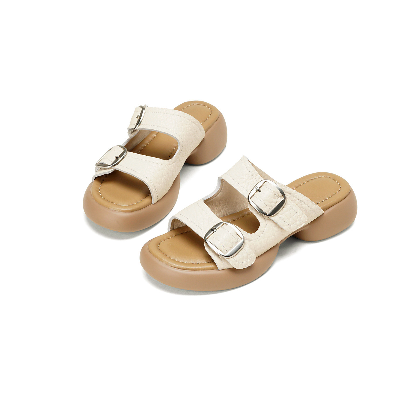 Dép sandal nữ quai chữ V đế dày da cừu khóa thắt lưng — Xám voi chi tiết 17