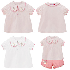 Miki Children's Summer New Girls' Cartoon CS Baby Bunny Embroidered Short Sleeve Blouse Baby Shirt