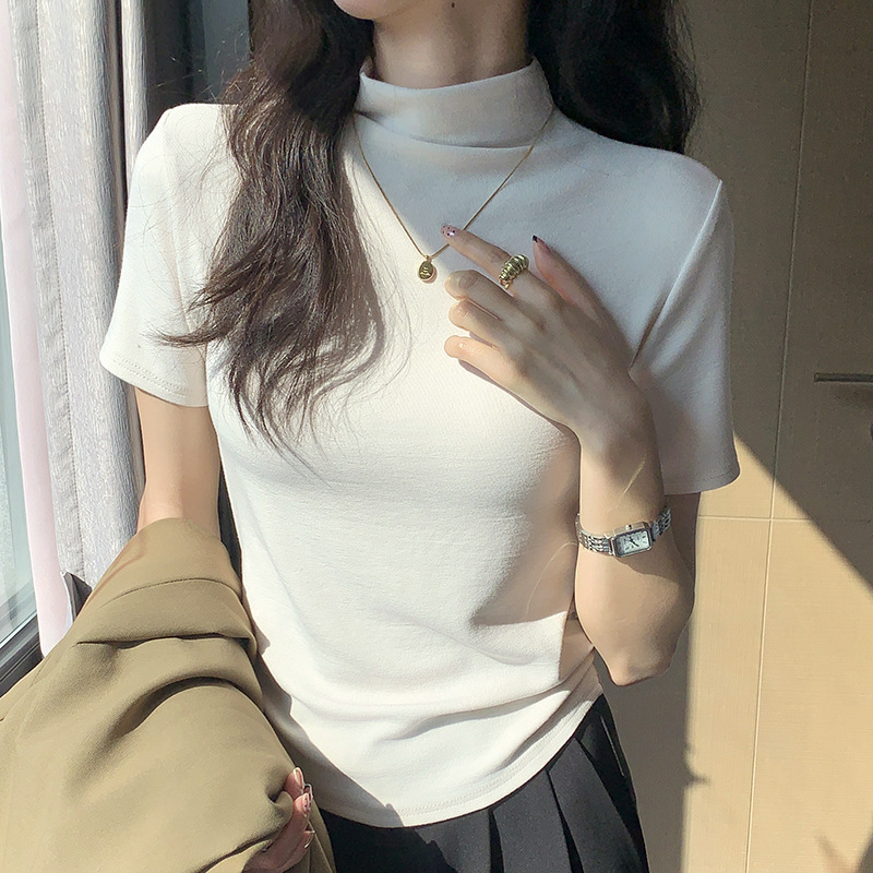 H338純粋な欲望風ハーフタートルネック半袖Tシャツ女性用夏スリムフィットインナー兼アウタートップスinsトレンド|undefined
