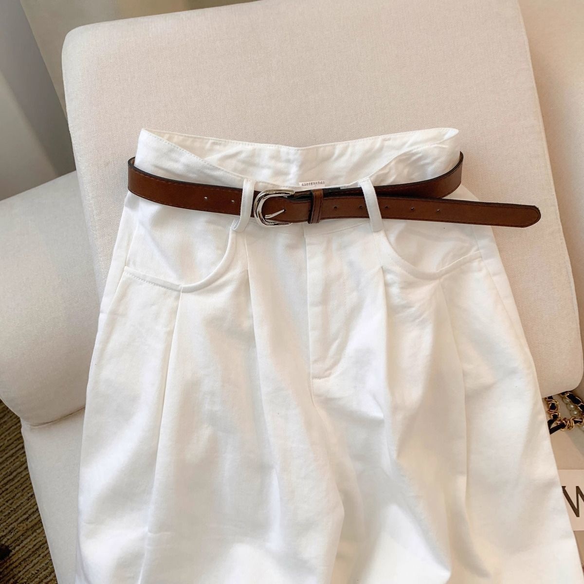 Quần jean nữ ống rộng cạp cao thiết kế xếp ly, dáng suông rủ nhẹ — Trắng kéo dài (LMX) cao, 9 điểm trắng (LMX), Quần trắng (LMX) thường xuyên chi tiết 9