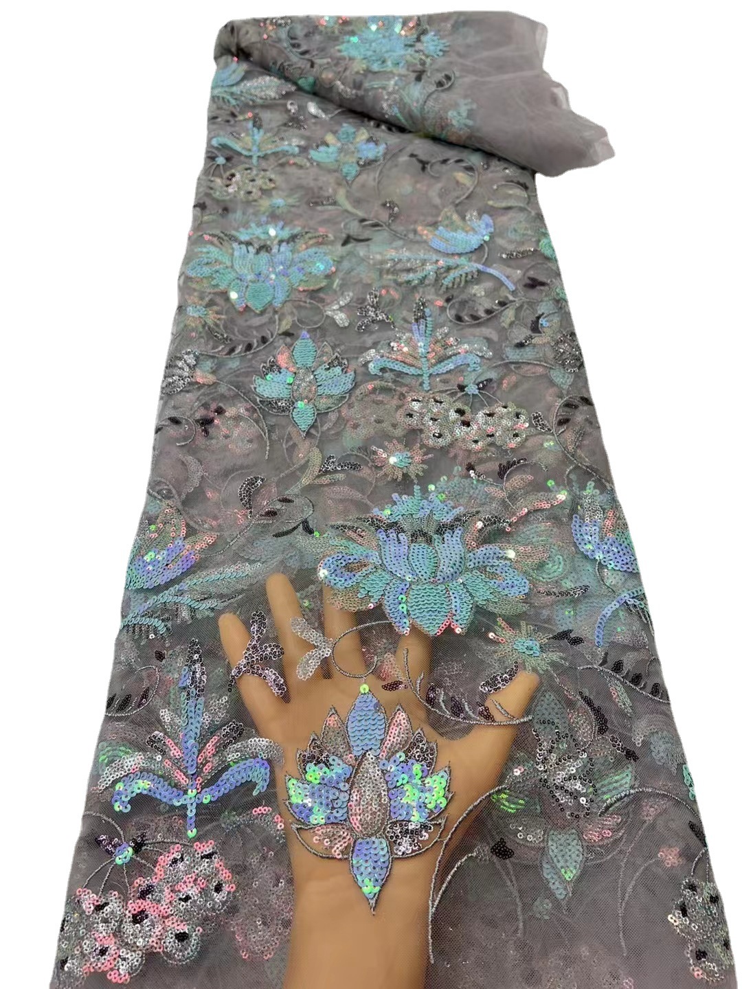 Teñido de punto flor grande suave malla fina encaje europeo y americano fishtail vestido noche lentejuelas tela JX2446