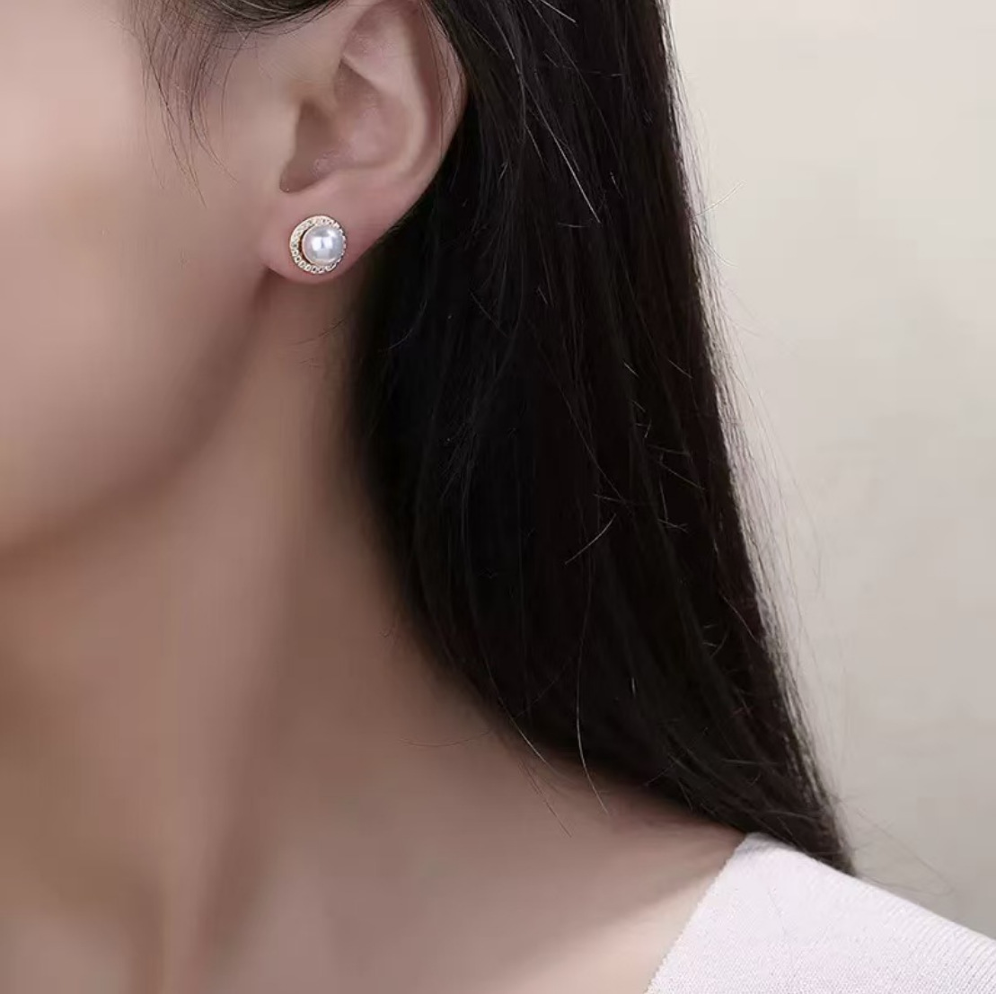 抖音直播代发18K真金珍珠精致镶钻珍珠耳钉女小众设计感耳环批发