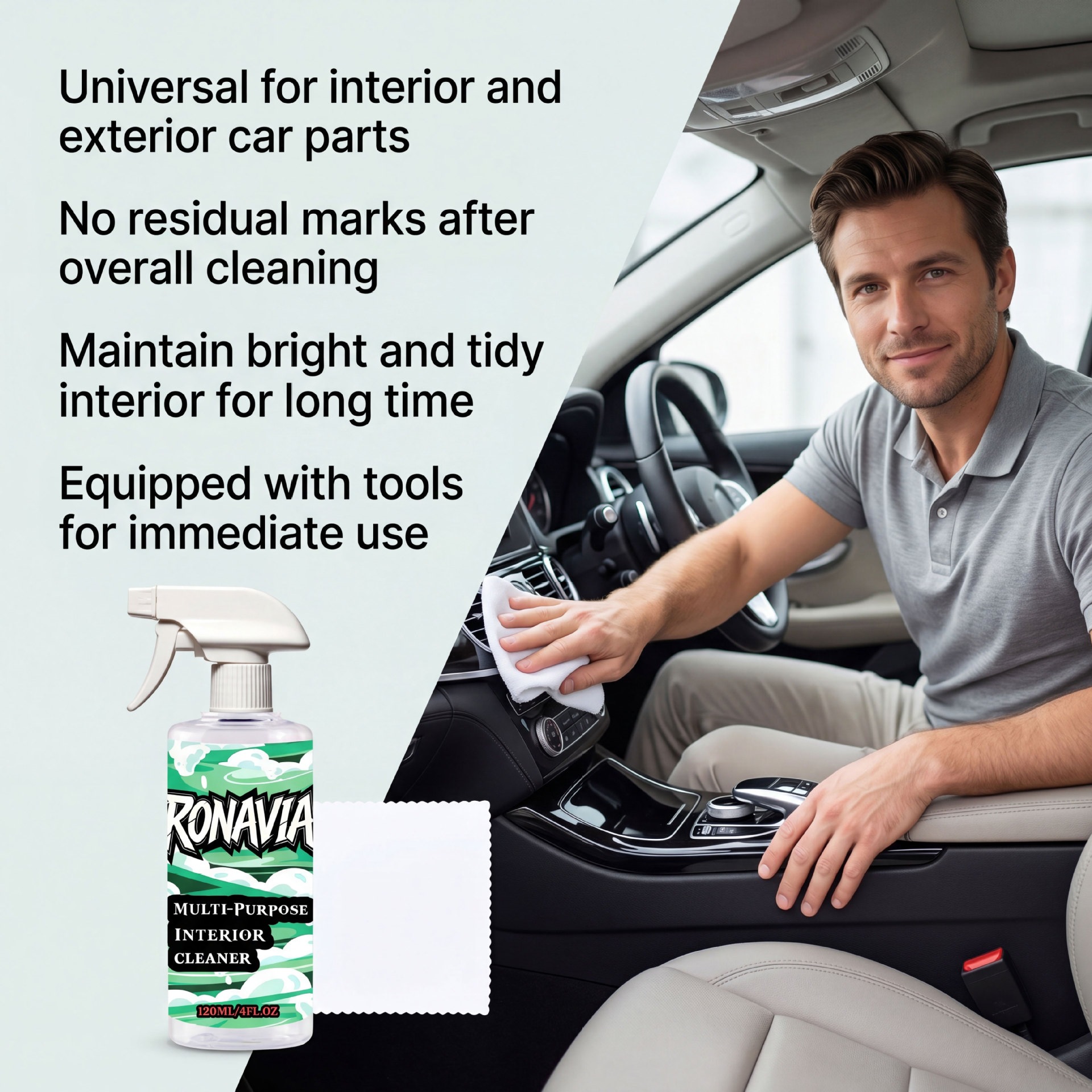 RONAVIA Car Interior Cleaner - Gentle formula suitable for multi-material car interior cleaning and maintenance, providing long-lasting shine