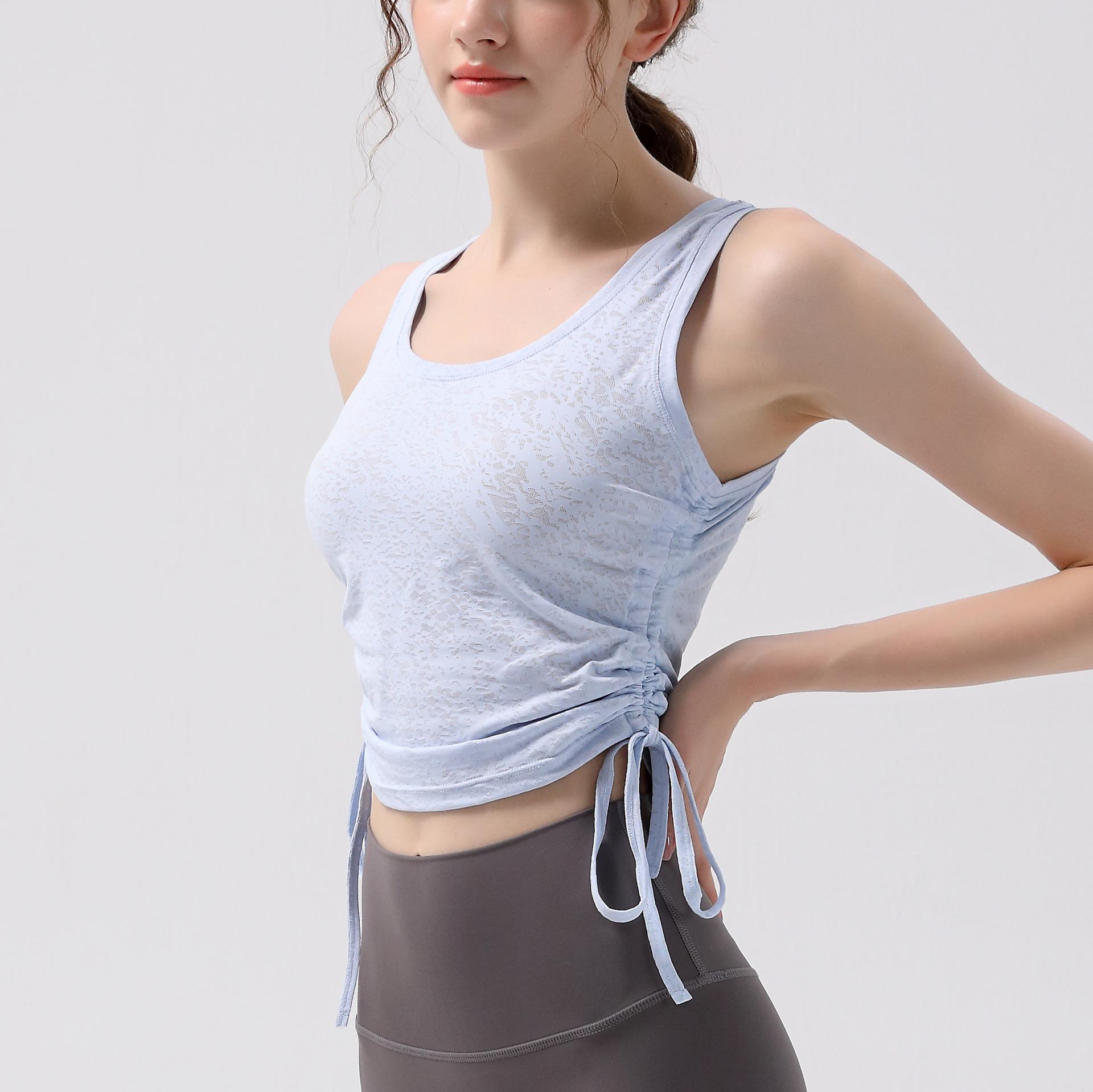 Áo thể thao dây rút Áo chạy bộ nữ Jacquard mỏng Slim Áo không tay Pilates Slim Top Yoga Mặc mùa hè