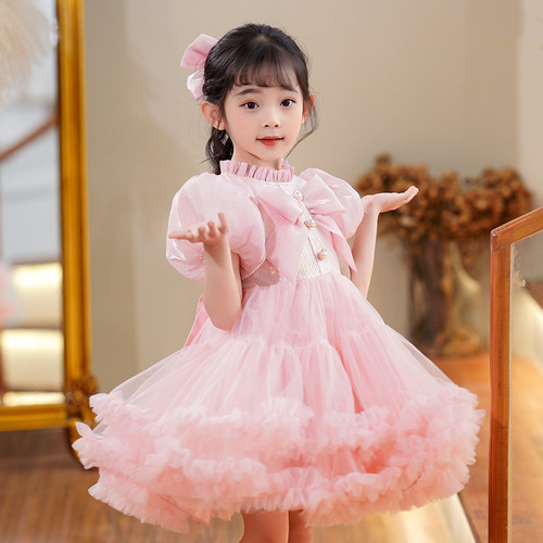 Girls dress skirt puff sleeve short princess dress mesh flower girl dress piano performance small host dress