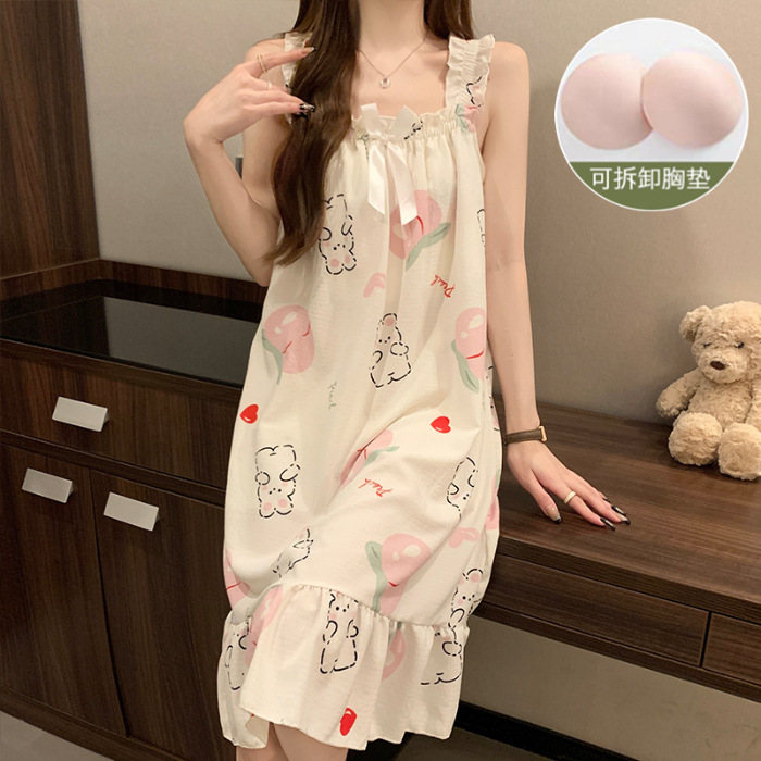 Pijama de mujer de verano dulce chaleco de cinturón de pecho tejido de algodón espuma tela arrugada pijama de mujer de verano vestido lindo