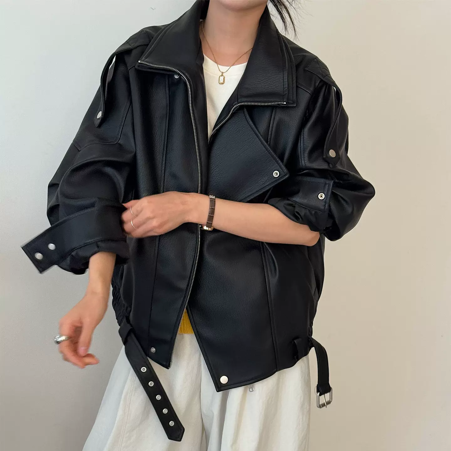 [本初]荔枝纹羊腿袖廓形皮衣外套女秋冬2025新款街头机车风皮夹克