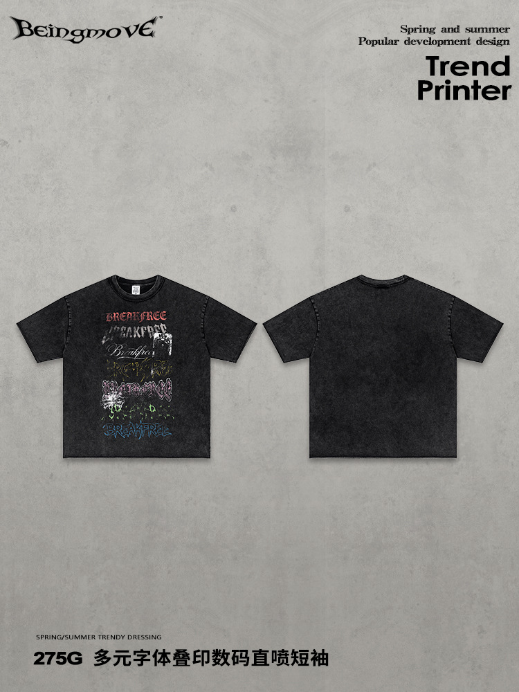 Calle secada| American High Street Retro Top T-shirt lavado con agua para hacer vieja impresión digital inyección directa de mangas cortas para hombres