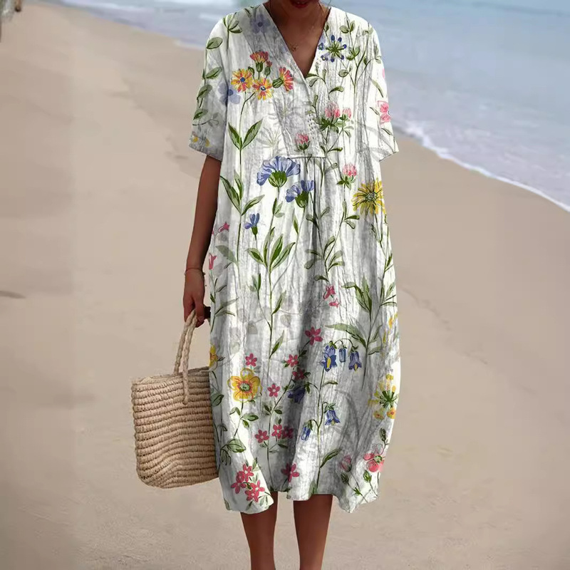 Cross-Border Independent Site Amazon Shirt Dress Women's Casual Floral Print Long-Sleeve Dress