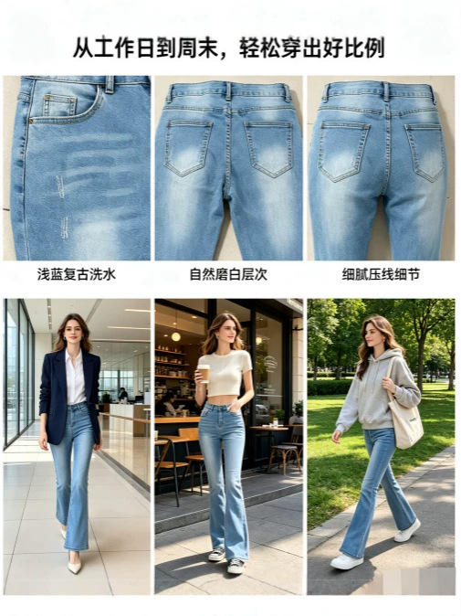 Jeans Acampanados de Tiro Alto para Mujer Mezclilla de Algodón Cintura Alta Elasticidad