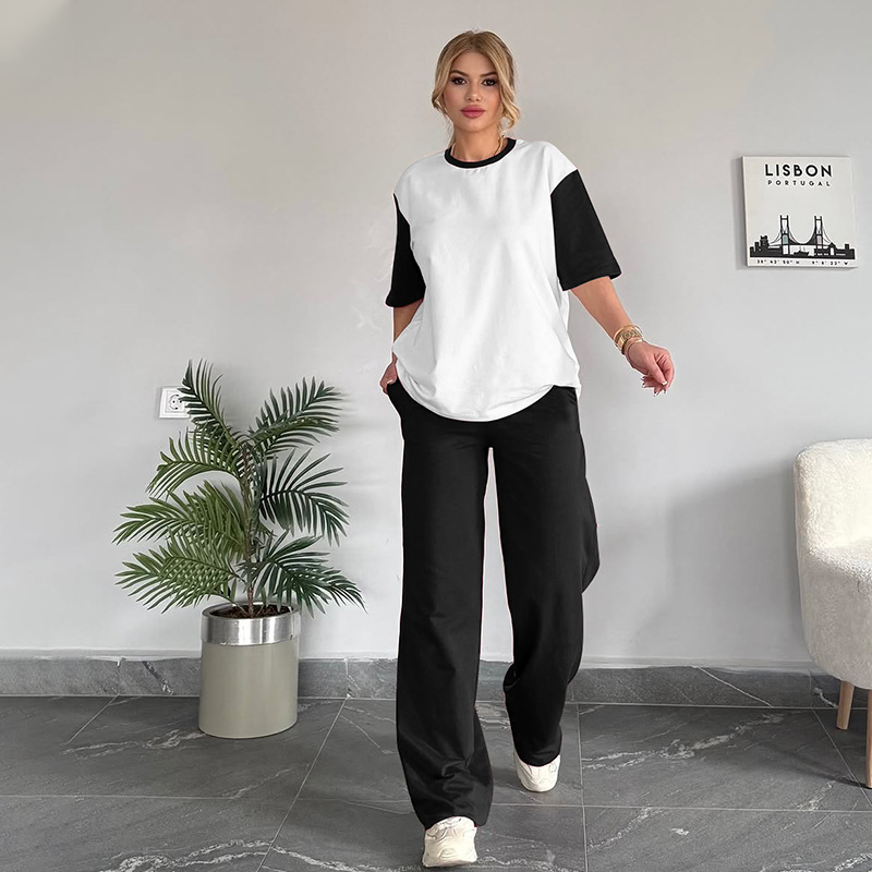 Summer Contrast Color round Neck Short Sleeved T shirt Women Casual Wide Leg Pants Two Piece Sets