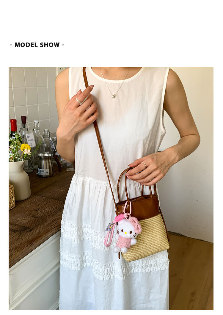 Korean style simple and fashionable woven mobile phone bag for women 2025 summer new seaside vacation crossbody straw woven bucket bag undefined