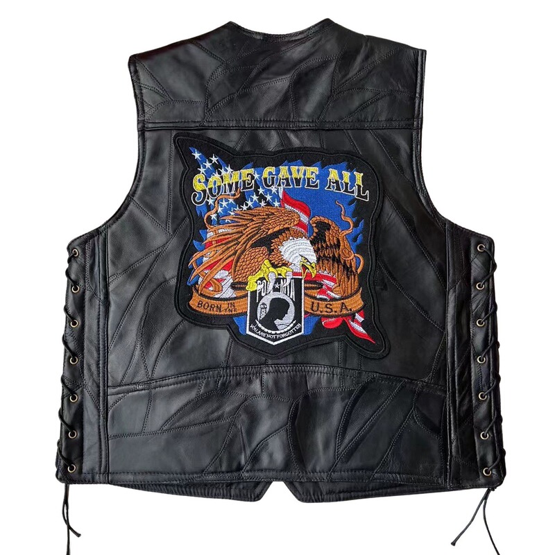 Leather Motorcycle Vest Men's Sheepskin Vest European and American Riding Waistcoat Four Seasons Embroidered Badge Special Price