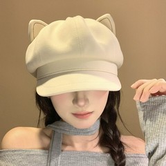 秋冬新款可爱猫耳朵网红八角帽百搭休闲英伦复古毛呢鸭舌帽女