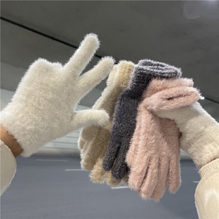 Cycling new style faux rabbit fur plush ins women's winter gloves fleece-lined warm cute finger cold-proof 2023 students