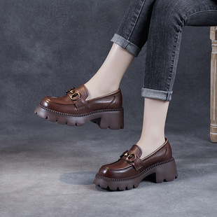 Spring and Summer 2023 New Genuine Leather Loafers Women's Platform Bottom Buckle jk Single-Layer Shoes Thick Heel Increased Thick Sole Small Leather Shoes