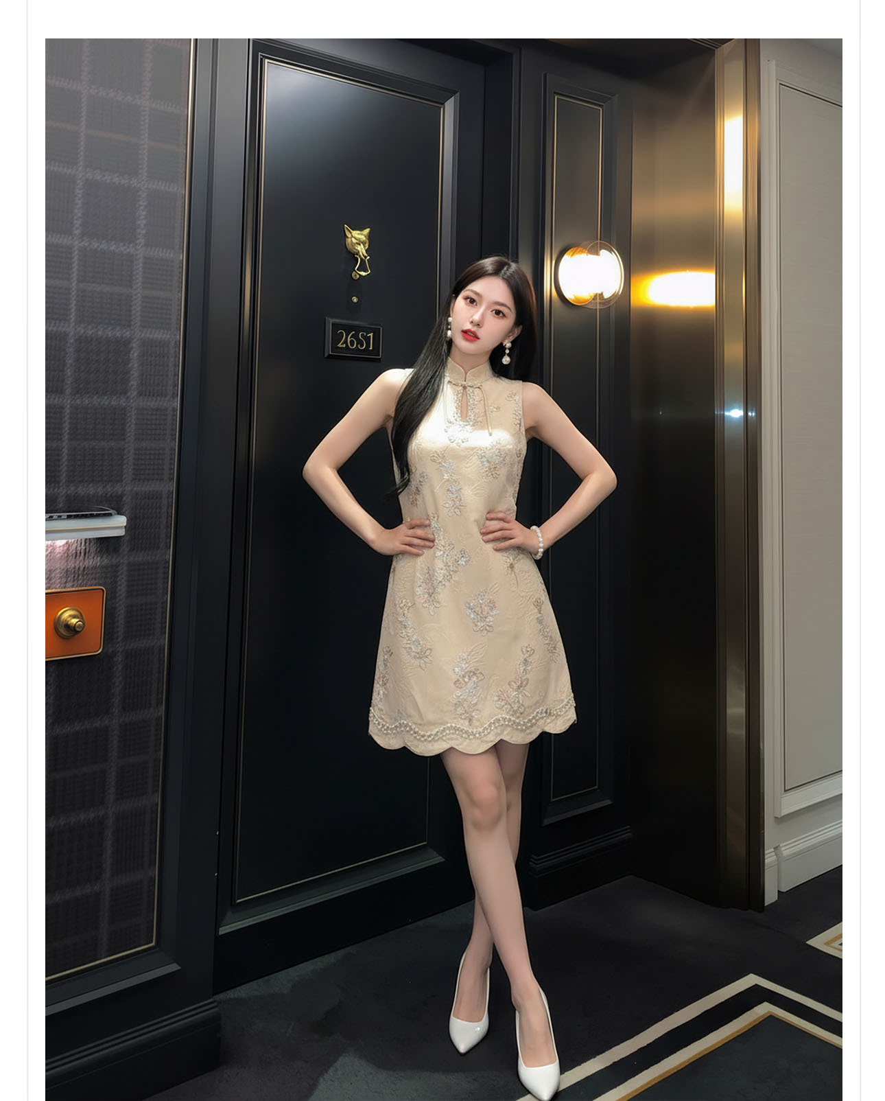 Đầm suông midi tay không họa tiết hoa nhí phong cách Tân Trung Hoa thêu hạt cườm — màu mơ chi tiết 12