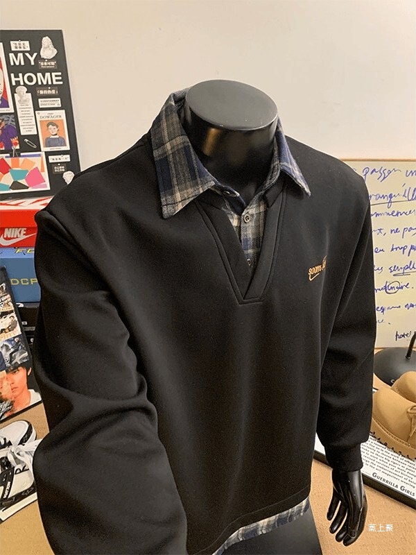 American-style faux two-piece sweatshirt with shirt collar for men, autumn heavy-duty casual base layer, trendy loose top American-style faux two-piece sweatshirt with shirt collar for men, autumn heavy-duty casual base layer, trendy loose top