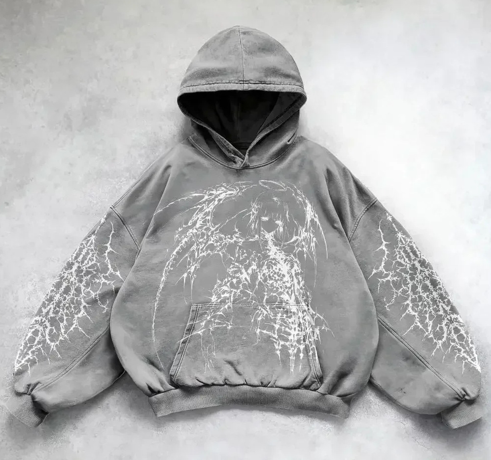 ​​Y2K Retro Punk Digital Print Hoodie - Gothic Couple Design Oversized Streetwear Sweatshirt, Unisex Vintage Style Pullover​​_viptrois.com