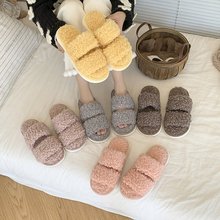 秋冬简约款纯色卷毛居家百搭双一字毛毛拖舒适防滑棉拖鞋批发定制