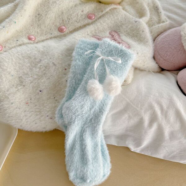 2025 Cat Velvet Socks Women's Mid-Calf Socks Autumn and Winter Thickened Confinement Socks Small Fur Balls Cute Home Sleeping Socks Women
