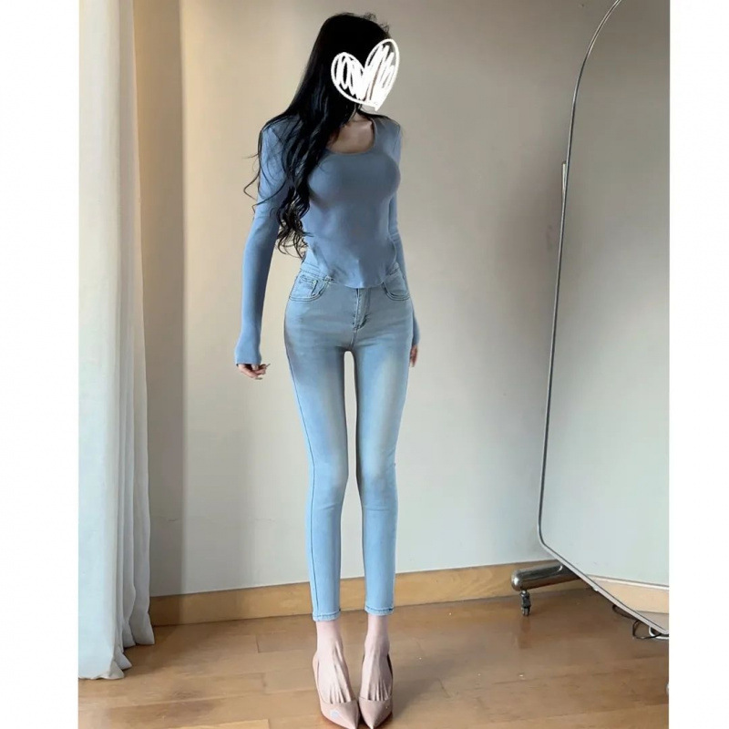 神器の豊富な股のズボンのジーパンの女性のタイツの春の新型のギャルの高腰の薄い色の9分のズボン|undefined