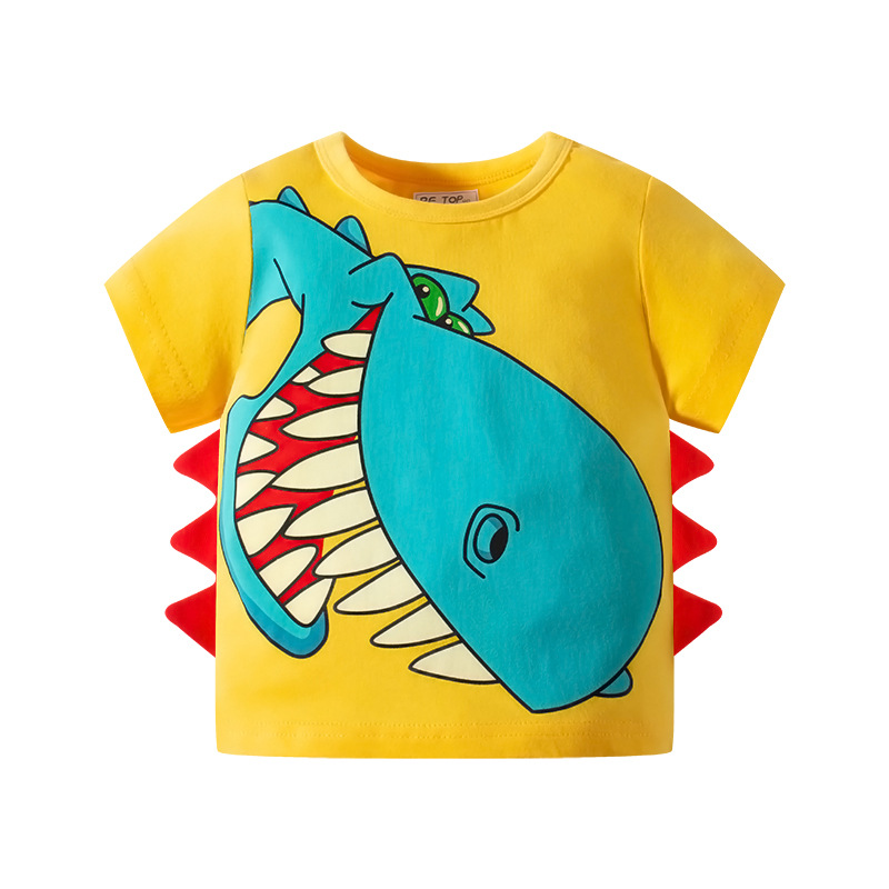 Dinosaurio de dibujos animados impreso de manga corta Camiseta de algodón de verano nuevos niños prendas de punto ropa para niños al por mayor entrega de una sola pieza ins