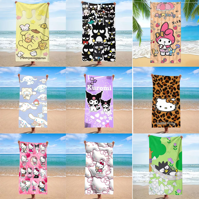 Cross-Border Children's Cartoon Pattern Beach Towel with Kitty Cat Print, Thickened Bath Towel, Quick-Drying Hand Towel for Seaside Swimming