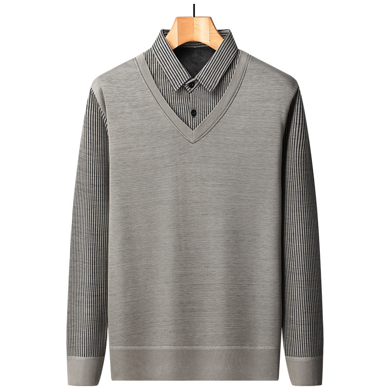 Lappel Long-sleeved Polo Shirt Men's Fake Two-piece Winter New Striped Middle-aged Business Casual Trendy Brand Dad Sweater