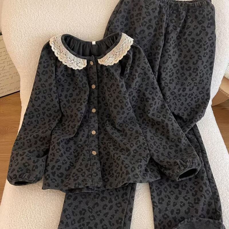 Trendy Autumn and Winter Women's Pajamas with Thickened Velvet Cardigan, Lace Long Sleeves, Long Pants, Korean Style Loungewear Set for Women
