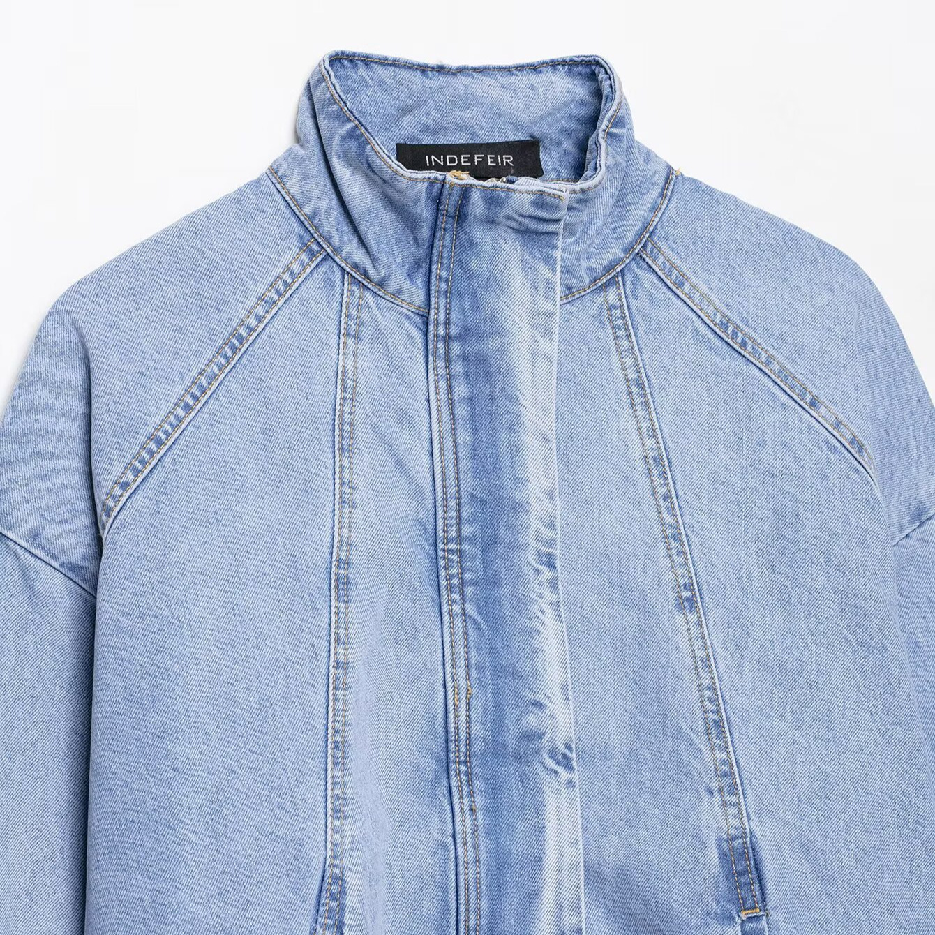 Women's High Neck Denim Jacket Long Sleeved American Street Style Versatile Wholesale Clothing for Autumn Winter New Arrivals_mkmklike.com