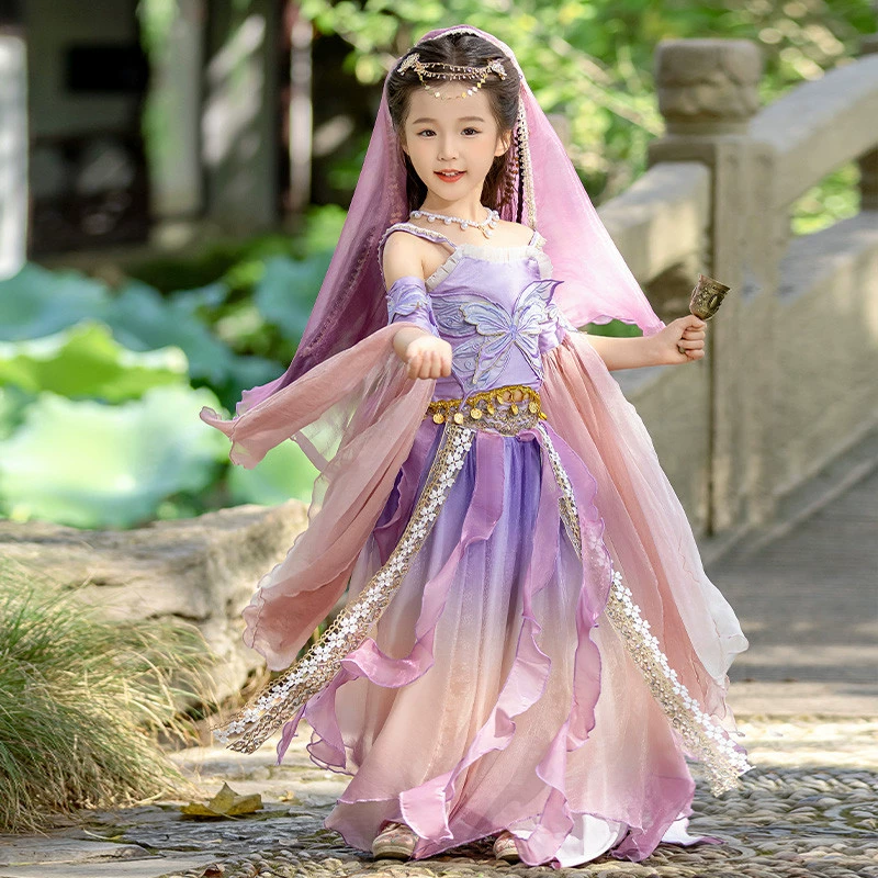 [汉服女童2025新款夏季儿童唐装飞天舞蹈大唐公主敦煌古装演出服装]