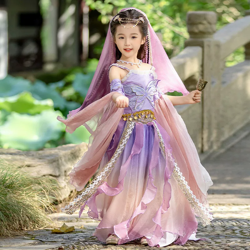 [汉服女童2025新款夏季儿童唐装飞天舞蹈大唐公主敦煌古装演出服装]